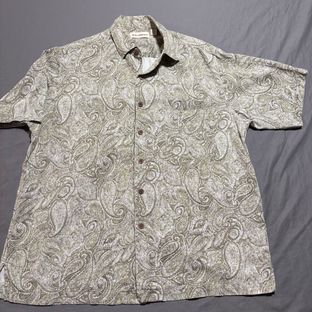 Caribbean Mens Silk Cotton Paisley Button Down Shirt‎ Green Tan Large Short Slve